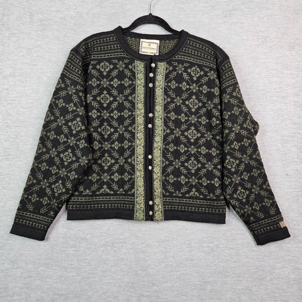 Dale of Norway Wool Cardigan Sweater Women's Sz M Black Green Nordic Pewter